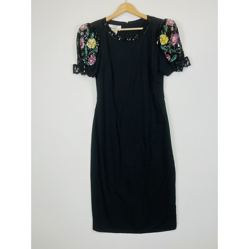 Jack Bryan‎ Vtg  Dress Womens 12 Black Crepe Puff Sequin Beaded Sleeves Cocktail